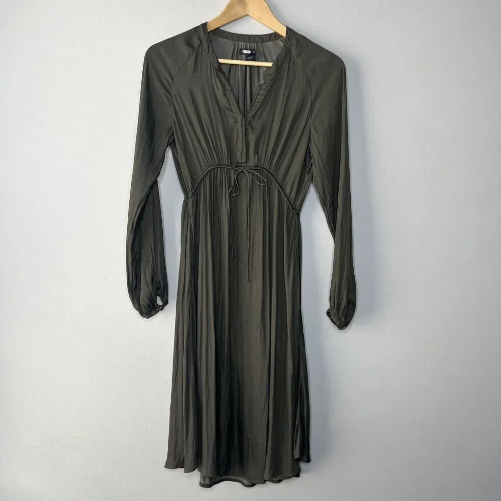 Soon Olive Army Green Midi A-line Dress Adjustable Waist Size S Gold Buttons